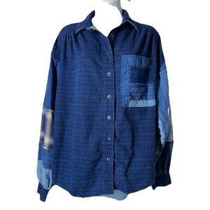 We The Free People Denim Patch Long Sleeve Button Shirt Top S Balloon Sleeve SEE